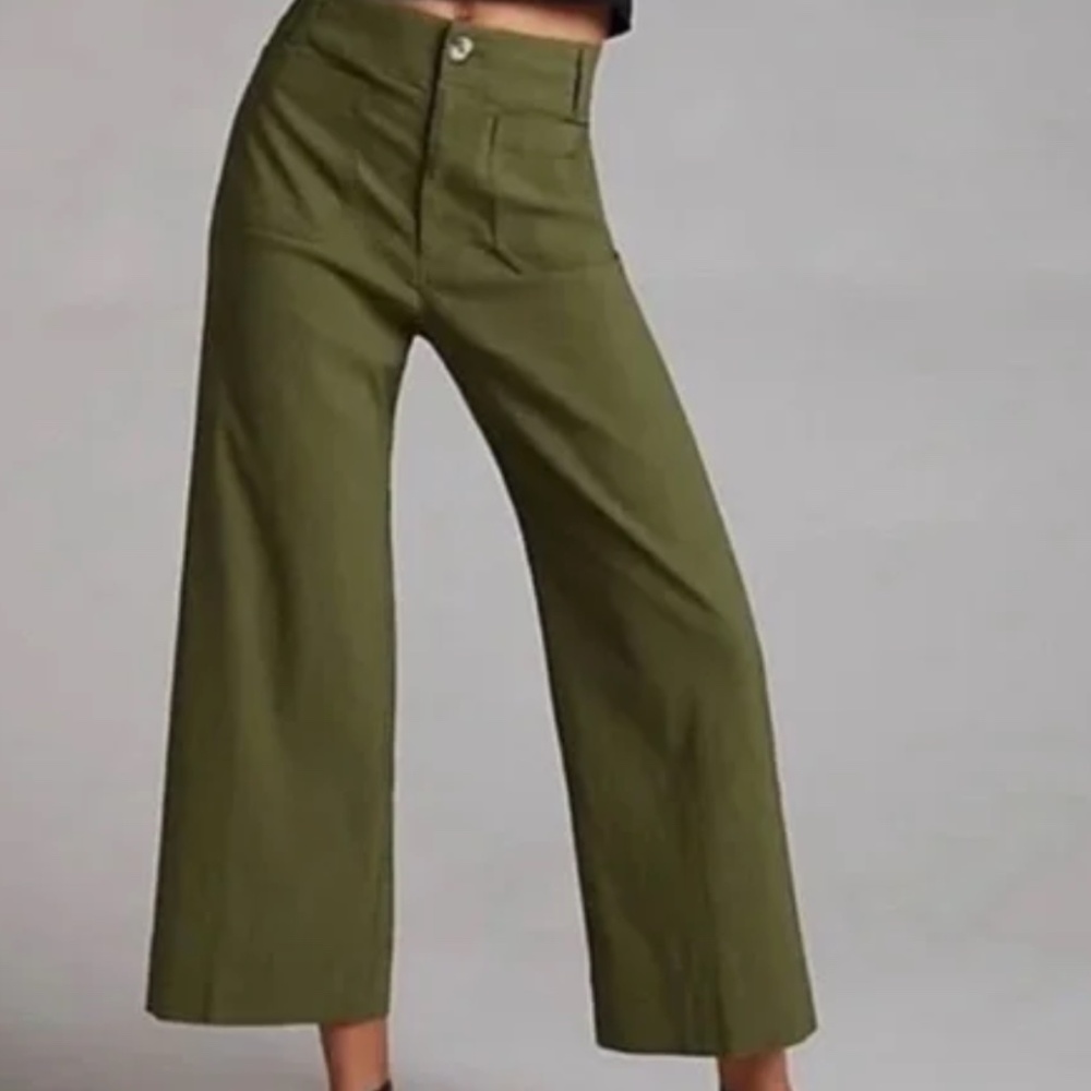 Maeve Moss Green linen wide leg pants